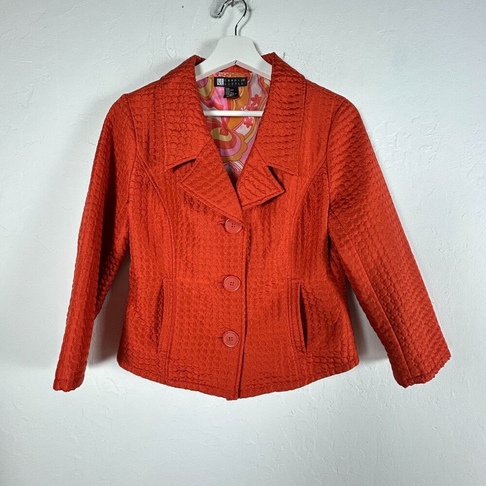 Carole Little Womens Silk Quilted Blazer Small Orange Lined 3/4 Sleeve Buttons